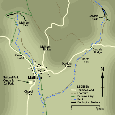 Map of immediate area around Malham, showing footpaths